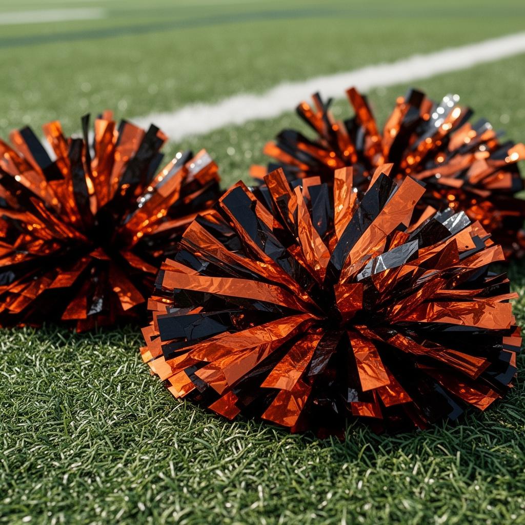 Burnt orange cheerleading pom-poms on turf
