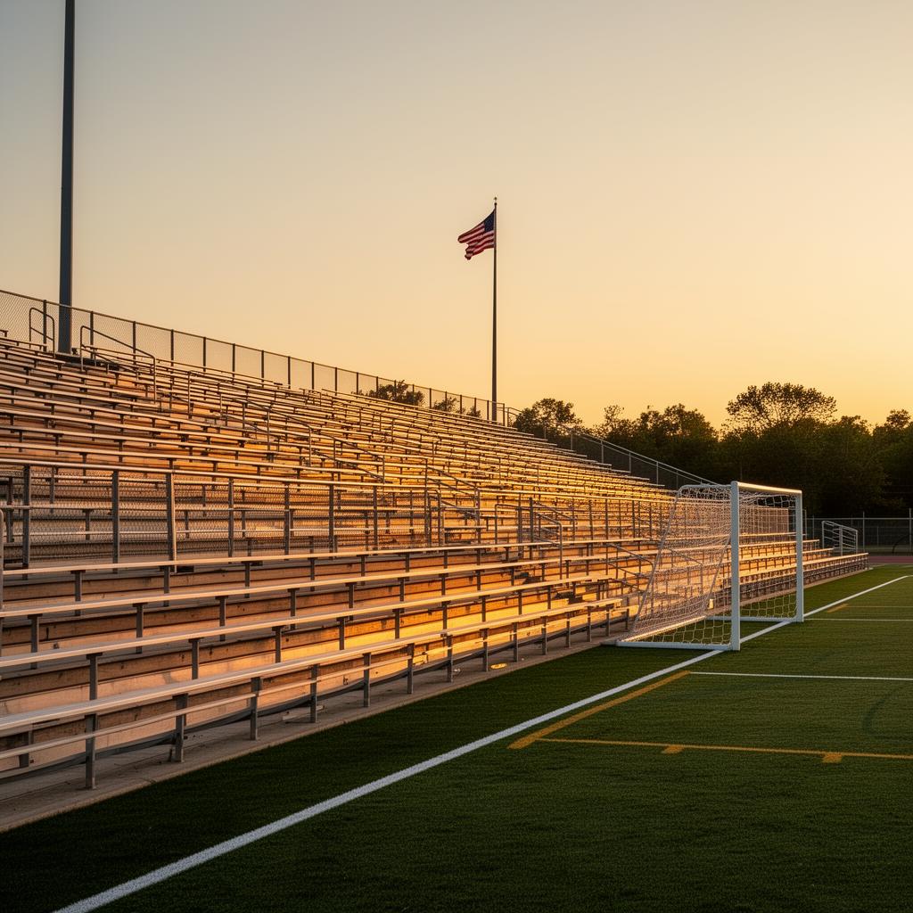 Community football stadium at golden hour